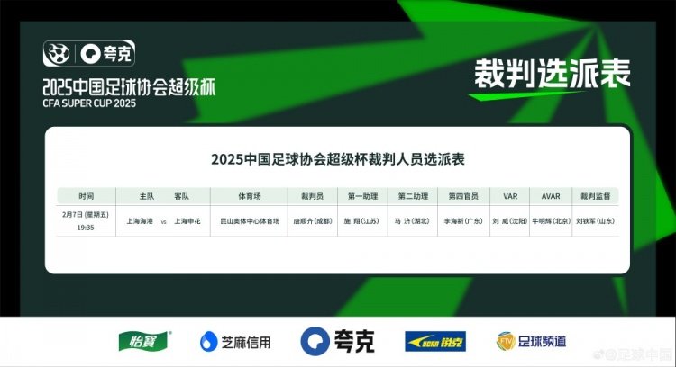  超級杯海港vs申花裁判員名單：主裁判唐順齊，VAR劉威