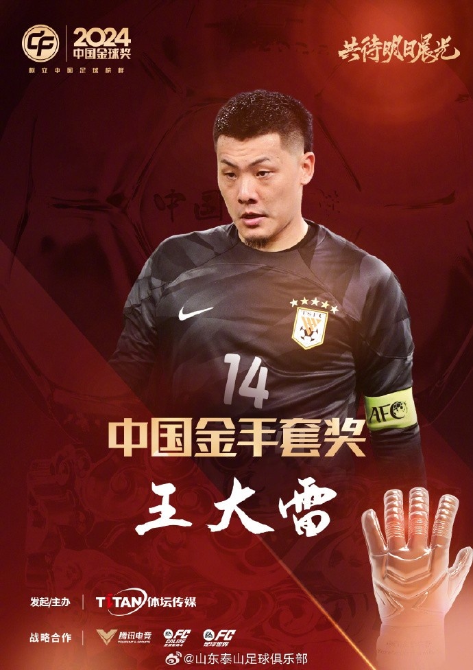  王大雷榮獲中國金手套獎，謝文能入選中國金球獎候選人前三名