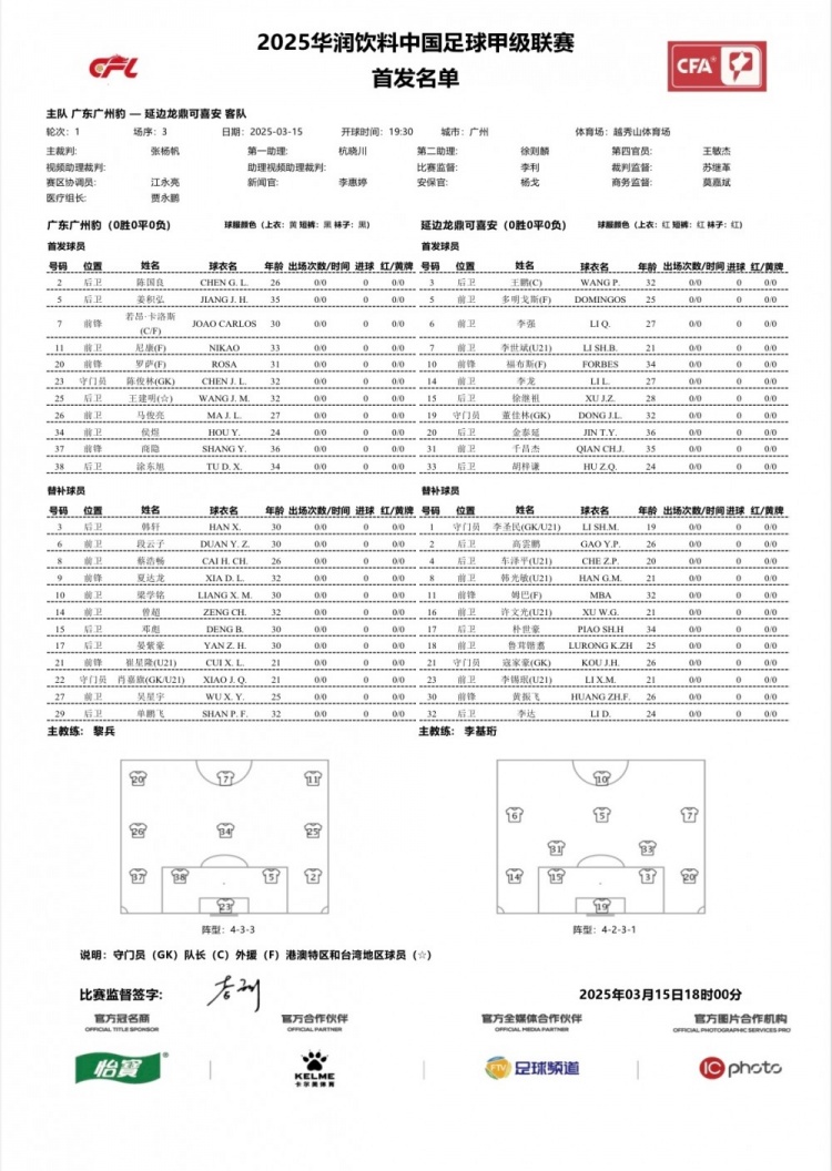  廣州豹vs延邊龍鼎首發(fā)：卡洛斯、羅薩、尼康三外援領(lǐng)銜廣州豹