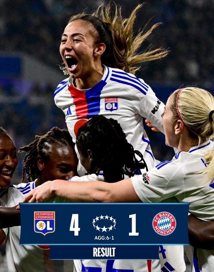  里昂女足4-1大勝拜仁女足，總比分6-1晉級女足歐冠半決賽