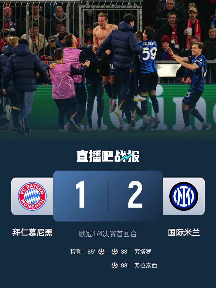  2-1占得先機(jī)！國米送給拜仁4年來歐冠主場(chǎng)首敗